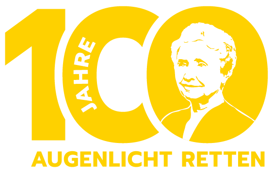 Logo der Helen Keller Kampagne 2025: eine gelbe 100, in der ersten Null steht das Wort "Jahre" in der zweiten Null ist ein stilisiertes Proträt von Helen Keller, unter der 100 steht "Augenlicht retten"