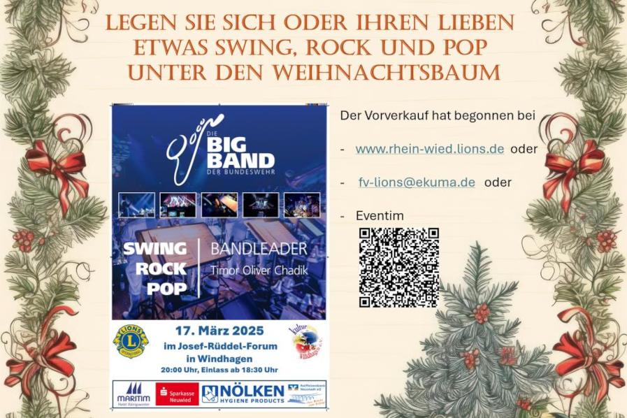 Plakat für das Benefizkonzert auf weihnachtlichem Hintergrund mit den Informationen zum Kauf der Karten, wie auch im Text. Der Hintergrund ist cremeweiß und darauf befinden sich verschiedene Tannenranken mit roten Schleifen und weihnachtlicher Dekoration.